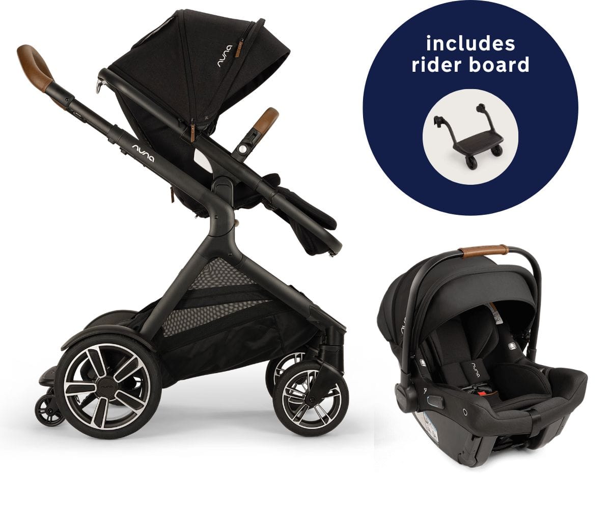 Nuna DEMI Next Stroller with Rider Board + PIPA urbn Baseless Infant Car Seat Travel System - Caviar