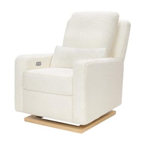 Babyletto Sigi Electronic Recliner and Glider w/ USB - Cream Shearling / Light Wood Base
